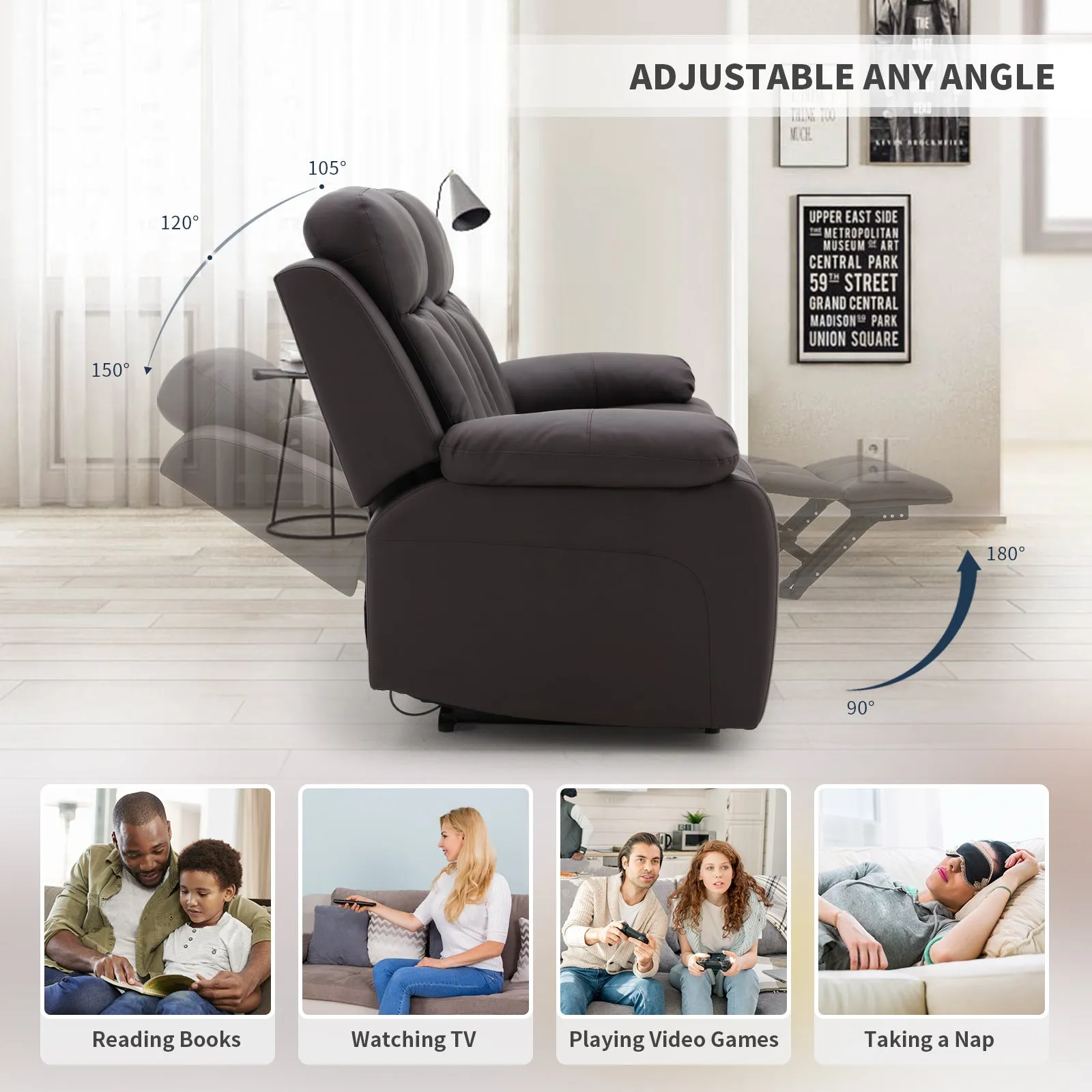 PU Leather Fabric Reclining 3-Seater Chair, Dark Brown