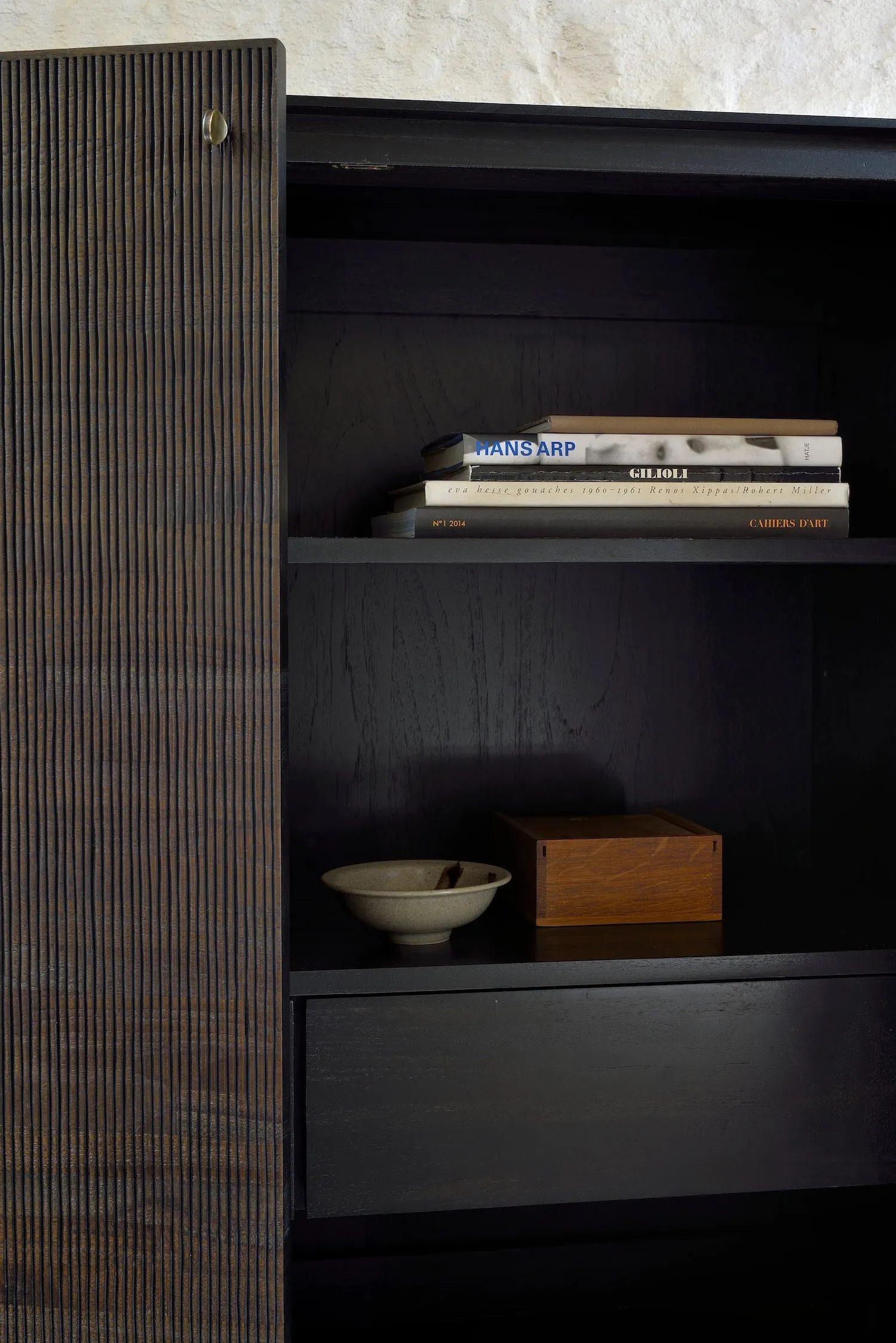 Teak Grooves Black Storage Cupboard - Varnished